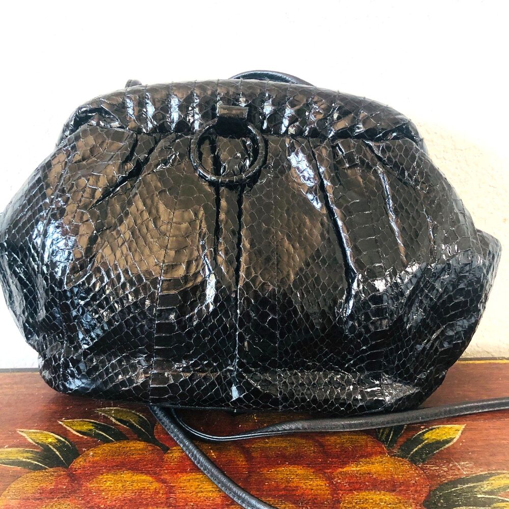 Vintage 1980's Aspects Genuine Black Snakeskin Ruched Crossbody Bag